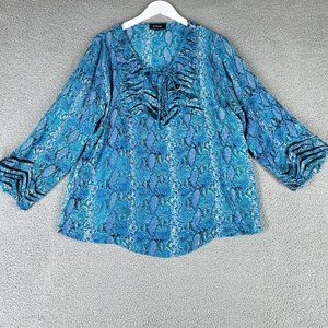 Tolani Women's 1X Blouse Silk Snake Print Blue Long Sleeves Front Tie Peasant